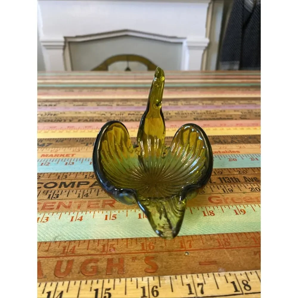 MCM 1960s Hand Blown Glass Swan Trinket Dish Avacado Green‎